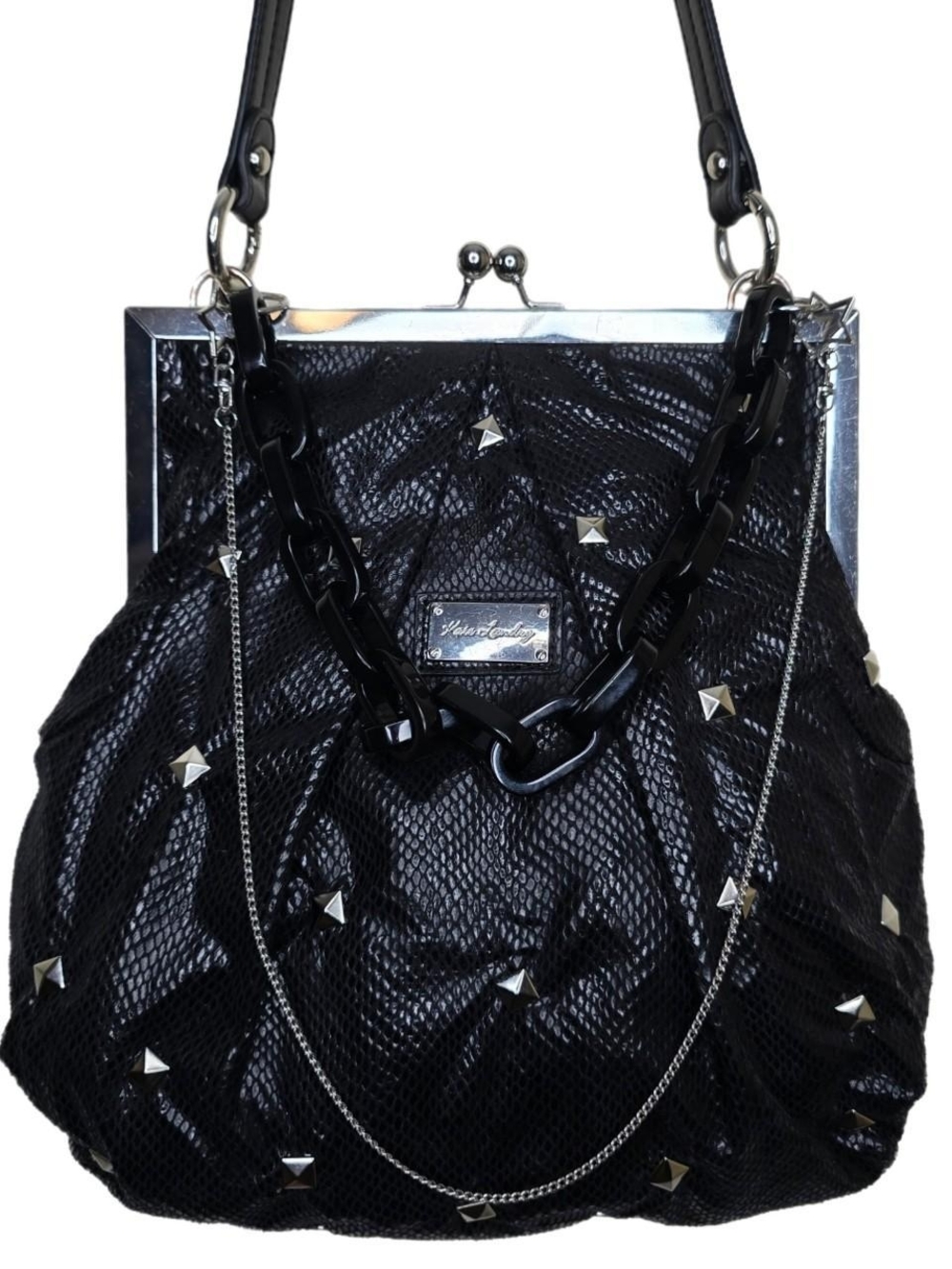 Custom Studded Kate Landry Frame Shoulder Bag Medium Black Poly Fabric Y2K - Picture 6 of 8